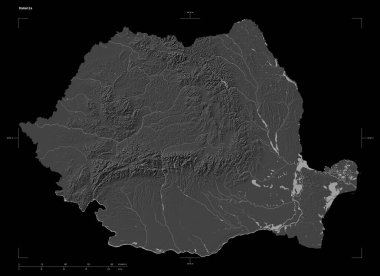 Romanya 'nın gölleri ve nehirleriyle, uzaklık ölçeği ve harita sınır koordinatlarıyla, siyah üzerine izole edilmiş, çift seviyeli bir yükseklik haritasının şekli