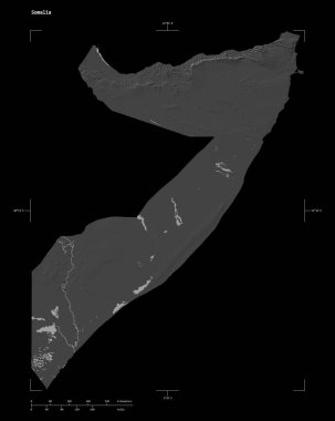 Somali 'nin göl ve nehirleriyle, uzaklık ölçeği ve harita sınır koordinatlarıyla, siyah üzerine izole edilmiş çift seviyeli bir yükseklik haritası.