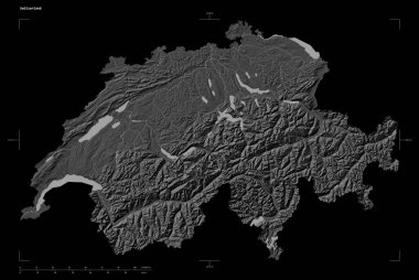 İsviçre 'nin göl ve nehirleriyle, uzaklık ölçeği ve harita sınır koordinatlarıyla izole edilmiş çift seviyeli bir yükseklik haritası.