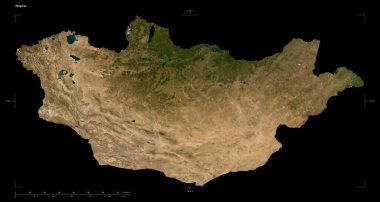 Shape of a low resolution satellite map of the Mongolia, with distance scale and map border coordinates, isolated on black clipart