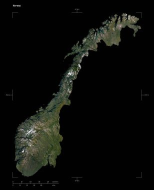 Norveç 'in düşük çözünürlüklü uydu haritasının şekli, uzaklık ölçeği ve harita sınır koordinatları, siyah üzerine izole edilmiş.