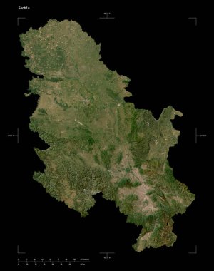 Sırbistan 'ın düşük çözünürlüklü uydu haritasının şekli, uzaklık ölçeği ve harita sınır koordinatları, siyah üzerine izole edilmiş