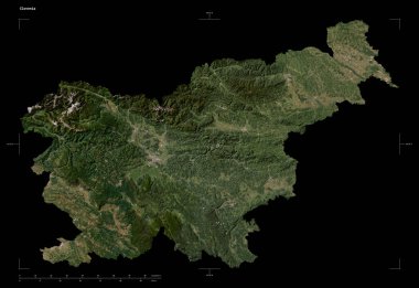 Slovenya 'nın düşük çözünürlüklü uydu haritasının şekli, uzaklık ölçeği ve harita sınır koordinatları, siyah üzerine izole edilmiş