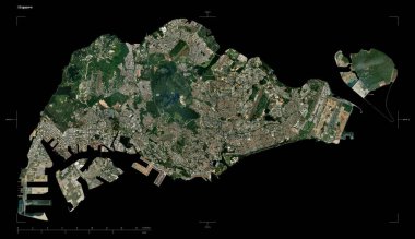 Singapur 'un düşük çözünürlüklü uydu haritasının şekli, uzaklık ölçeği ve harita sınır koordinatlarıyla, siyah üzerine izole edilmiş.