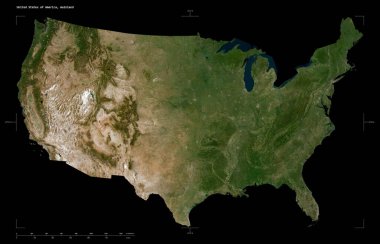 Düşük çözünürlüklü uydu haritası şekli Amerika Birleşik Devletleri, anakara, uzaklık ölçeği ve harita sınır koordinatları, siyah üzerinde izole