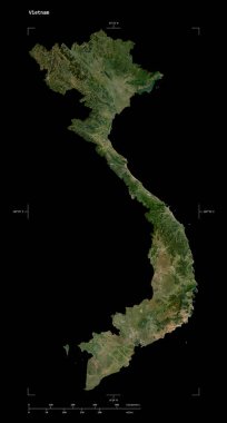 Vietnam 'ın düşük çözünürlüklü uydu haritasının şekli, uzaklık ölçeği ve harita sınır koordinatları, siyah üzerine izole edilmiş.