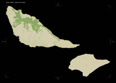 Futuna Adası 'nın OSM İnsani Yardım Stili haritasının şekli - Wallis ve Futuna, uzaklık ölçeği ve harita sınır koordinatlarıyla, siyah üzerine izole edilmiş