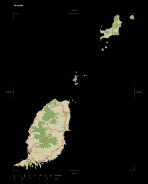 Grenada 'nın bir topoğrafik, OSM İnsani stil haritası, uzaklık ölçeği ve harita sınır koordinatlarıyla, siyah üzerine izole edilmiş