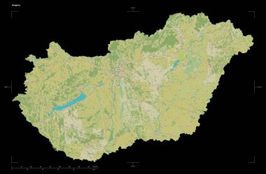 Macaristan 'ın bir topoğrafi, OSM İnsani stil haritası şekli, uzaklık ölçeği ve harita sınır koordinatları, siyah üzerine izole edilmiş.