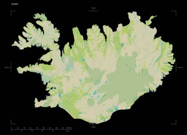 İzlanda 'nın OSM İnsani tarzı haritası, uzaklık ölçeği ve harita sınır koordinatları, siyah üzerine izole edilmiş.