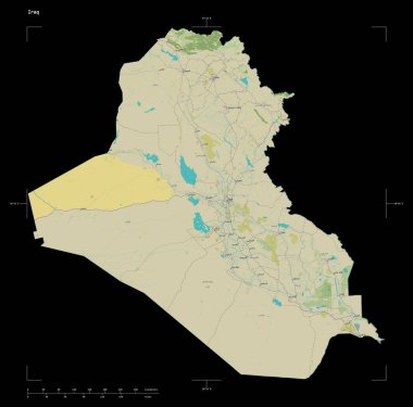 Irak 'ın bir topoğrafi, OSM İnsani tarzı haritası, uzaklık ölçeği ve harita sınır koordinatları, siyah üzerinde izole