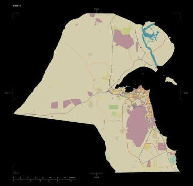 Kuveyt 'in bir topoğrafik, OSM İnsani stil haritası, uzaklık ölçeği ve harita sınır koordinatlarıyla, siyah üzerine izole edilmiş