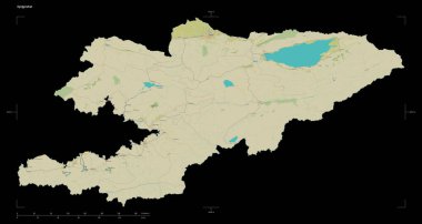 Kırgızistan 'ın, uzaklık ölçeği ve harita sınır koordinatlarıyla, siyah üzerine izole edilmiş, bir topoğrafik OSM İnsani stil haritası.