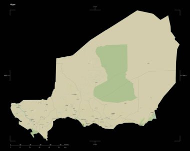 Nijer 'in bir topoğrafik, OSM İnsani tarzı haritası, uzaklık ölçeği ve harita sınır koordinatları, siyah üzerine izole edilmiş.