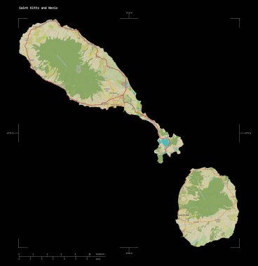 Saint Kitts ve Nevis 'in, uzaklık ölçeği ve harita sınır koordinatlarıyla, siyah üzerine izole edilmiş, bir topoğrafik OSM İnsani stil haritası.