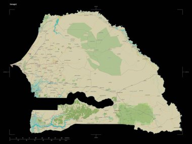 Senegal 'in bir topoğrafik, OSM İnsani stil haritası, uzaklık ölçeği ve harita sınır koordinatlarıyla, siyah üzerine izole edilmiş.