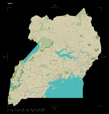 Uganda 'nın OSM İnsani Stil haritasının topografik şekli, uzaklık ölçeği ve harita sınır koordinatları, siyah üzerine izole edilmiş.