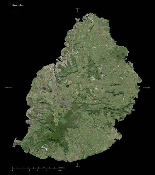 stock image Shape of a low resolution satellite map of the Mauritius, with distance scale and map border coordinates, isolated on black