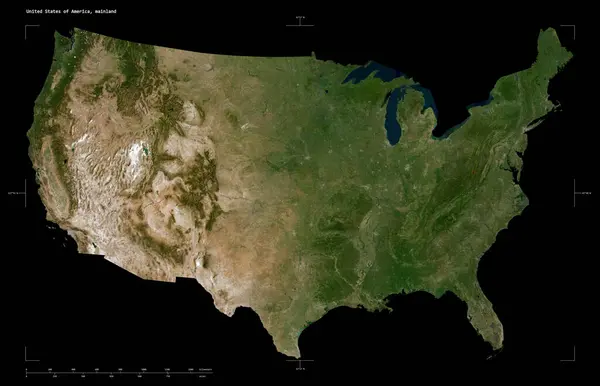 Düşük çözünürlüklü uydu haritası şekli Amerika Birleşik Devletleri, anakara, uzaklık ölçeği ve harita sınır koordinatları, siyah üzerinde izole