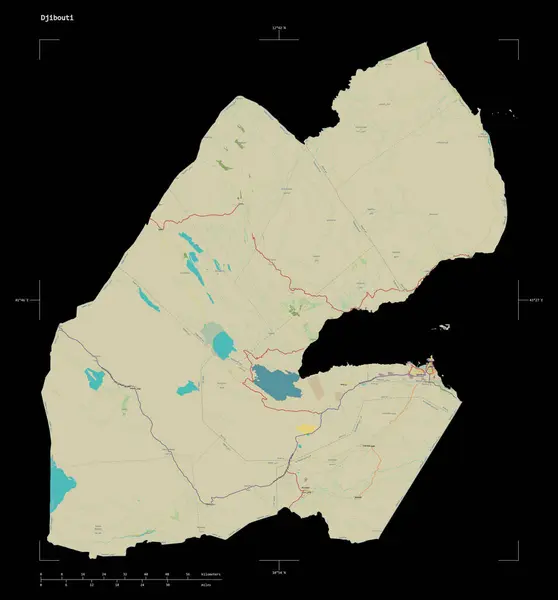 stock image Shape of a topographic, OSM Humanitarian style map of the Djibouti, with distance scale and map border coordinates, isolated on black