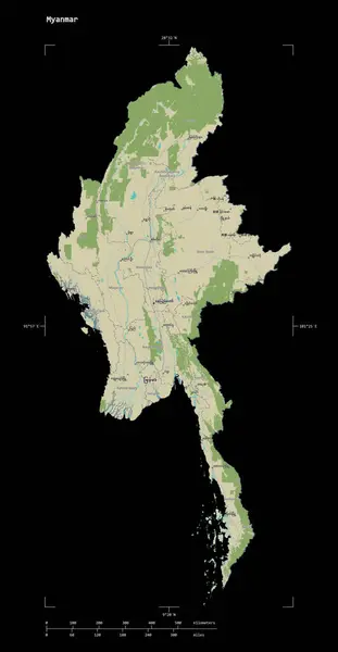 Forma Mapa Topográfico Estilo Humanitario Osm Myanmar Con Coordenadas Frontera — Foto de Stock