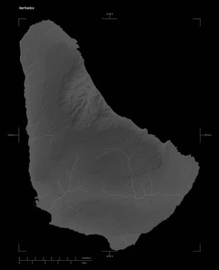 Barbados 'un göl ve nehirlerinin yer aldığı gri ölçekli yükseklik haritası, uzaklık ölçeği ve harita sınır koordinatları, siyah üzerine izole edilmiş.