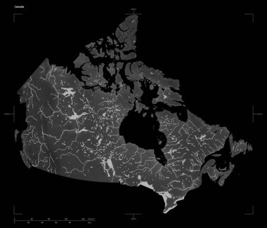 Gri tonlu yükselti haritasının şekli, Kanada 'nın göl ve nehirleri, uzaklık ölçeği ve harita sınır koordinatları, siyah üzerine izole edilmiş.