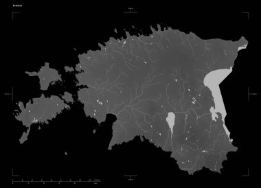 Estonya 'nın göl ve nehirleriyle, uzaklık ölçeği ve harita sınır koordinatlarıyla, siyah üzerine izole edilmiş, gri ölçekli yükselti haritasının şekli