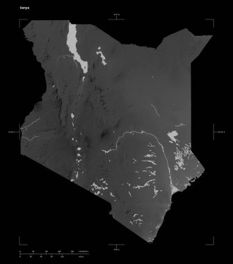 Kenya 'nın göl ve nehirleri, uzaklık ölçeği ve harita sınır koordinatlarıyla, siyah üzerine izole edilmiş, gri ölçekli yükselti haritası.