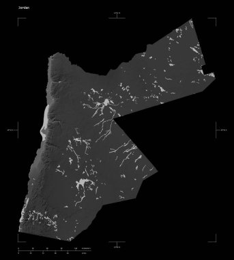 Gri tonlama yükseklik haritası, Ürdün 'ün göl ve nehirleri, uzaklık ölçeği ve harita sınır koordinatları, siyah üzerine izole edilmiş.