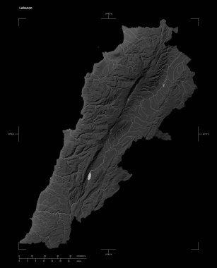 Lübnan 'ın göl ve nehirleri, uzaklık ölçeği ve harita sınır koordinatlarıyla birlikte, siyah üzerine izole edilmiş bir Gri Tonlama yükseklik haritası.