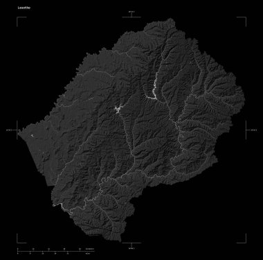 Lesotho 'nun gölleri ve nehirleri ile bir Gri Tonlama yükseklik haritası şekli, uzaklık ölçeği ve harita sınır koordinatları, siyah üzerinde izole