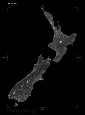 Yeni Zelanda 'nın göl ve nehirleri, uzaklık ölçeği ve harita sınır koordinatlarıyla birlikte, siyah üzerine izole edilmiş bir Gri Tonlama yükseklik haritası.