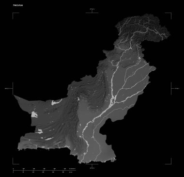 Pakistan 'ın göl ve nehirleriyle birlikte Gri Tonlama yükseklik haritasının şekli, uzaklık ölçeği ve harita sınır koordinatları, siyah üzerine izole edilmiş.