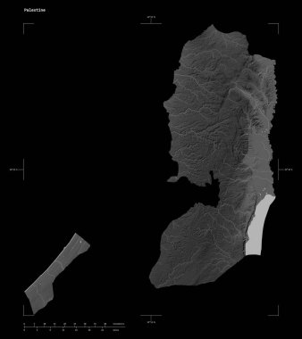 Filistin 'in göl ve nehirlerinin olduğu, uzaklık ölçeği ve harita sınır koordinatlarıyla izole edilmiş gri ölçekli bir yükselti haritası.