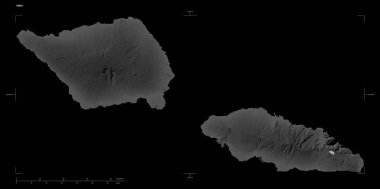 Samoa 'nın gölleri ve nehirleri, uzaklık ölçeği ve harita sınır koordinatlarıyla birlikte, siyah üzerine izole edilmiş bir Gri Tonlama yükseklik haritası.