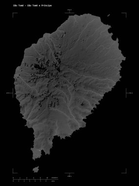 Sao Tome - Sao Tome e Principe gölleri ve nehirleri ile Gri Tonlama yükseklik haritasının şekli, uzaklık ölçeği ve harita sınır koordinatlarıyla, siyah üzerine izole edilmiştir.