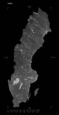 İsveç 'in göl ve nehirleri, uzaklık ölçeği ve harita sınır koordinatlarıyla birlikte, siyah üzerine izole edilmiş, gri ölçekli yükselti haritası.