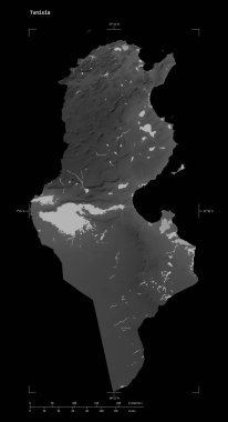 Tunus 'un göl ve nehirleri, uzaklık ölçeği ve harita sınır koordinatlarıyla birlikte, siyah üzerine izole edilmiş, gri ölçekli yükselti haritası.