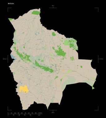 Bolivya 'nın bir topoğrafi, OSM Fransa tarzı haritası, uzaklık ölçeği ve harita sınır koordinatları, siyah üzerinde izole