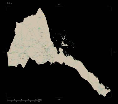 Eritre 'nin OSM Fransa tarzı haritası, uzaklık ölçeği ve harita sınır koordinatlarıyla siyah üzerine izole edilmiş bir topoğrafik şekil