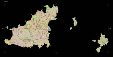 Guernsey 'in OSM Fransa tarzı haritasının topografik şekli, uzaklık ölçeği ve harita sınır koordinatları, siyah üzerine izole edilmiş.