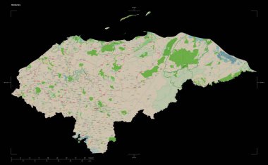 Bir topoğrafik, OSM Fransa tarzı Honduras haritası, uzaklık ölçeği ve harita sınır koordinatları, siyah üzerinde izole