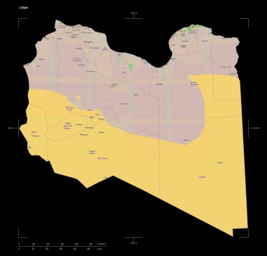 Bir topoğrafi, OSM Fransa tarzı Libya haritası, uzaklık ölçeği ve harita sınır koordinatlarıyla, siyah üzerine izole edilmiş