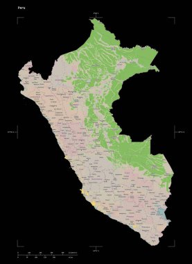 Bir topoğrafik, OSM Fransa tarzı Peru haritası, uzaklık ölçeği ve harita sınır koordinatları, siyah üzerinde izole