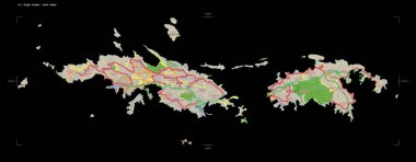 ABD Virjin Adaları 'nın OSM Fransa tarzı haritası. Saint Thomas, uzaklık ölçeği ve harita sınır koordinatlarıyla, siyah üzerine izole edilmiş.
