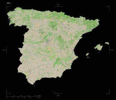 Bir topoğrafik, OSM Fransa tarzı İspanya haritası, uzaklık ölçeği ve harita sınır koordinatları, siyah üzerinde izole