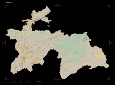 Tacikistan 'ın bir topoğrafik, OSM Fransa tarzı haritası, uzaklık ölçeği ve harita sınır koordinatlarıyla, siyah üzerine izole edilmiş