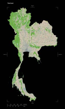 Bir topoğrafik şekli, OSM Fransa tarzı Tayland haritası, uzaklık ölçeği ve harita sınır koordinatları, siyah üzerinde izole