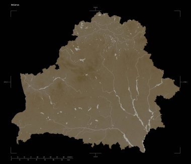 Belarus 'un göl ve nehirleri ile sepia tonlarında renklendirilmiş bir yükseklik haritası şekli, uzaklık ölçeği ve harita sınır koordinatları, siyah üzerine izole edilmiş